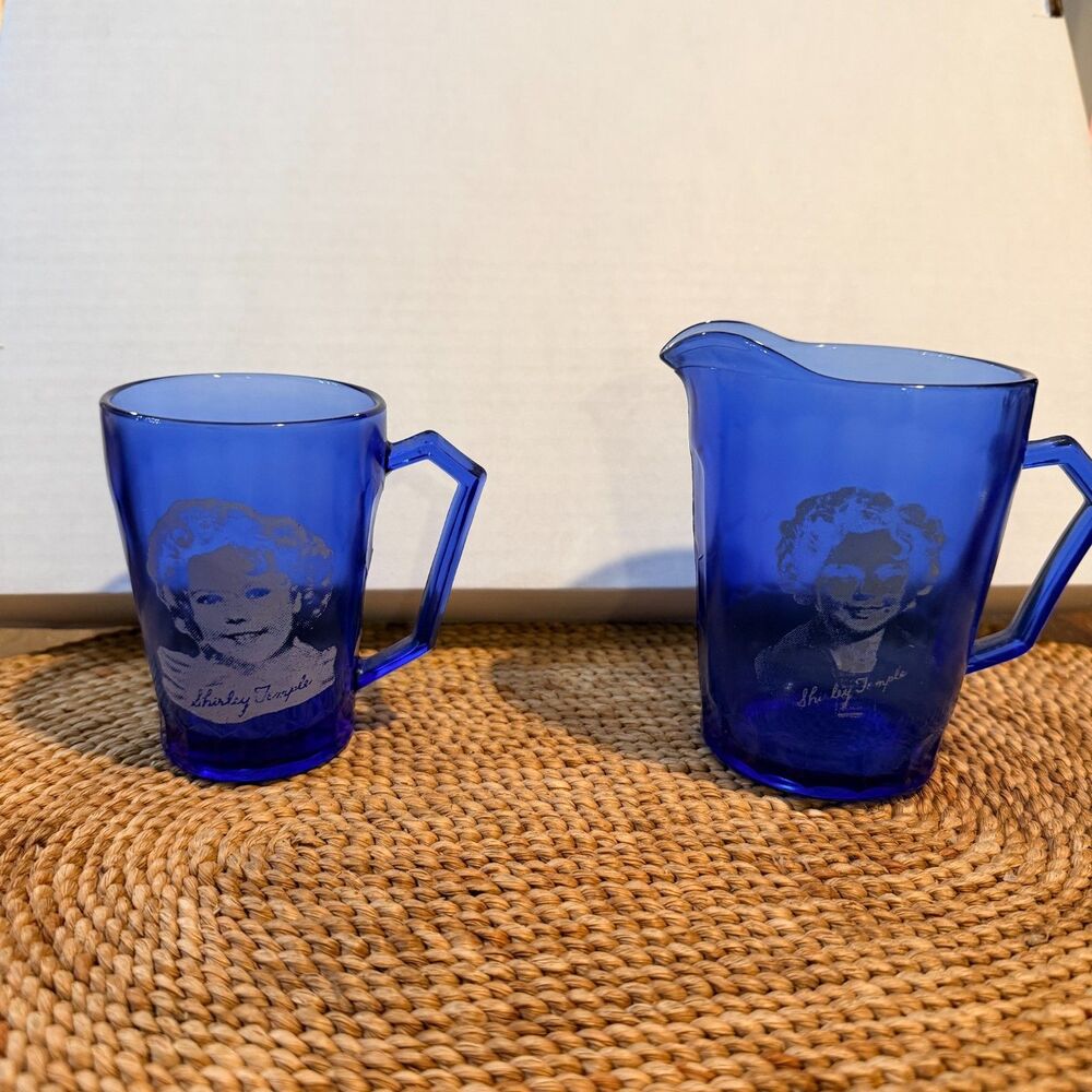 Vintage 1930s Shirley Temple Hazel Atlas Cobalt Blue Mug Pitcher Set